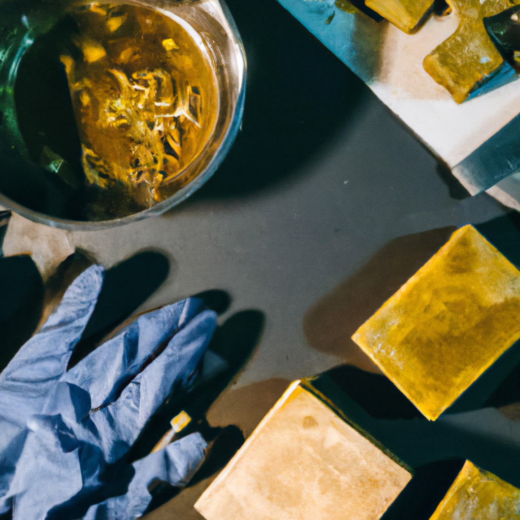 Workspace with soap making materials: oils, scale, gloves, and spatula
