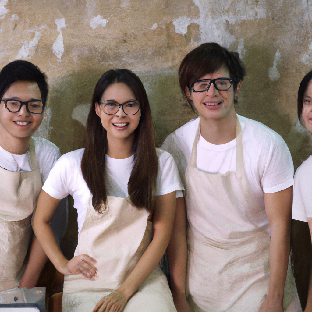 Our small artisan team smiling in the workshop, wearing aprons among curing racks and tools